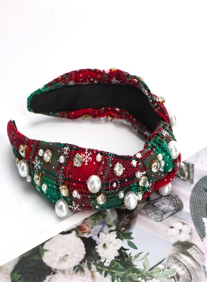 AMCAMI Christmas Headbands for Women Green Checkered Pearl Rhinestone Headband Top Knot Jeweled Wide Headband Hair Accessories Christmas Family Outfits Gifts - Image 5